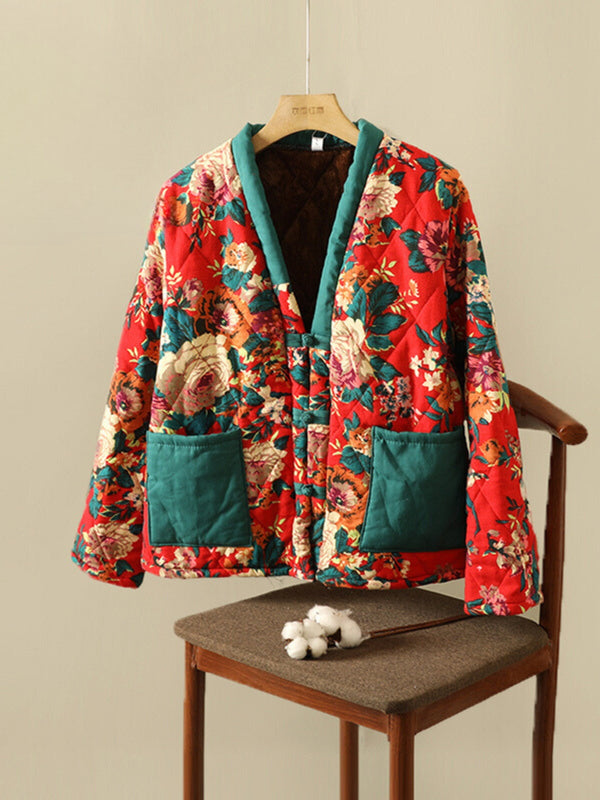 WLS Large Flowered Thickened Cotton Buckle Cardigan