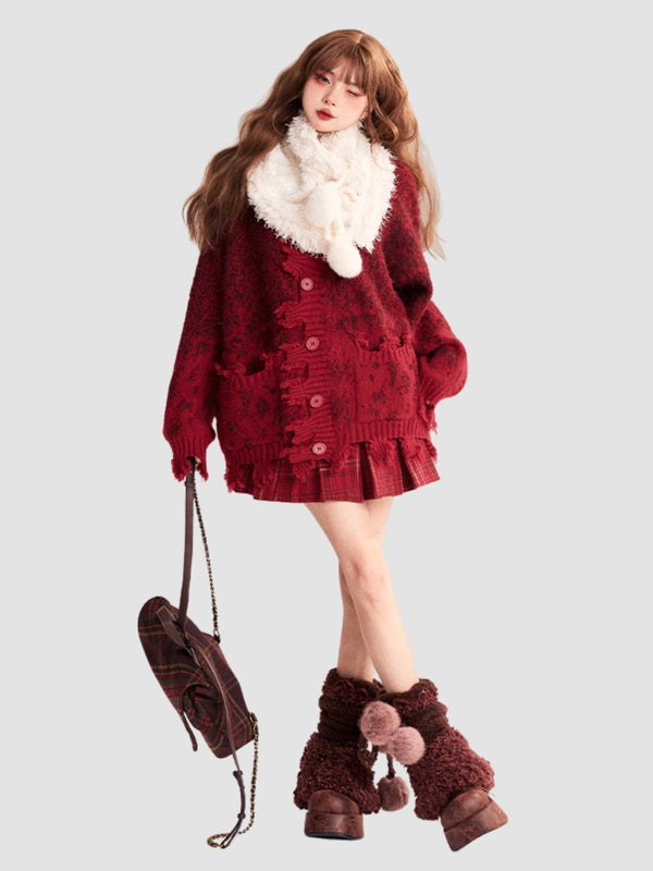WLS Red V-Neck Loose Cardigan Sweater