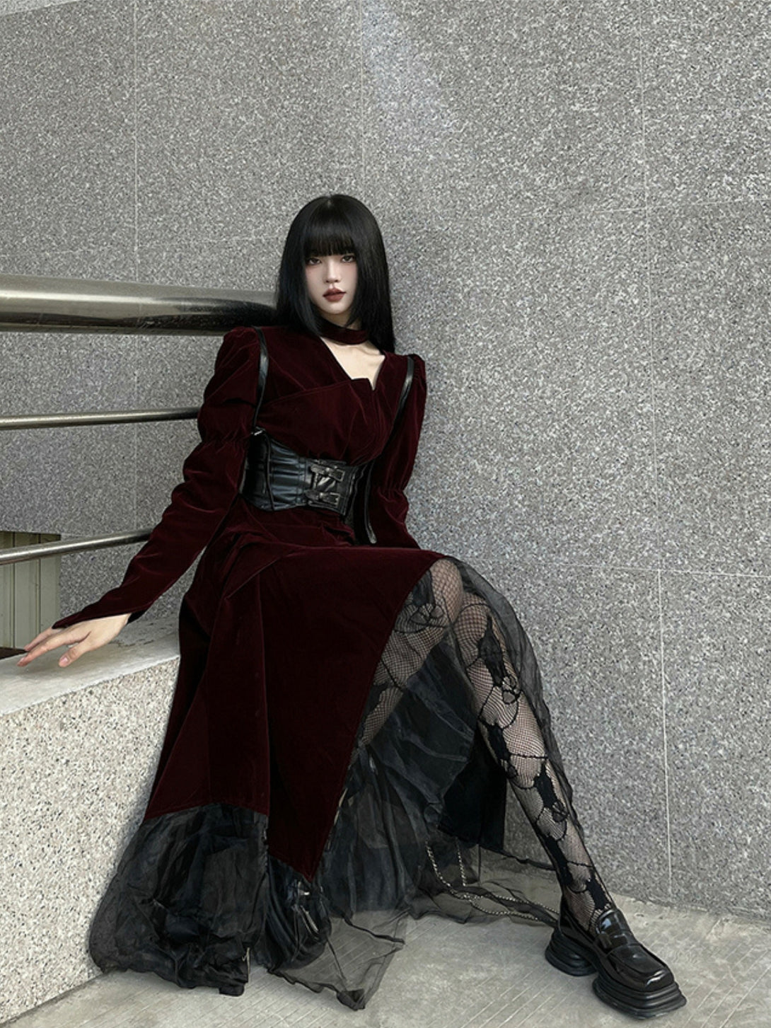 gothic red velvet dress Gothic Burgundy Red Velvet Mermaid Formal Dress -Ball Gown Plus Size Size 14 / Red