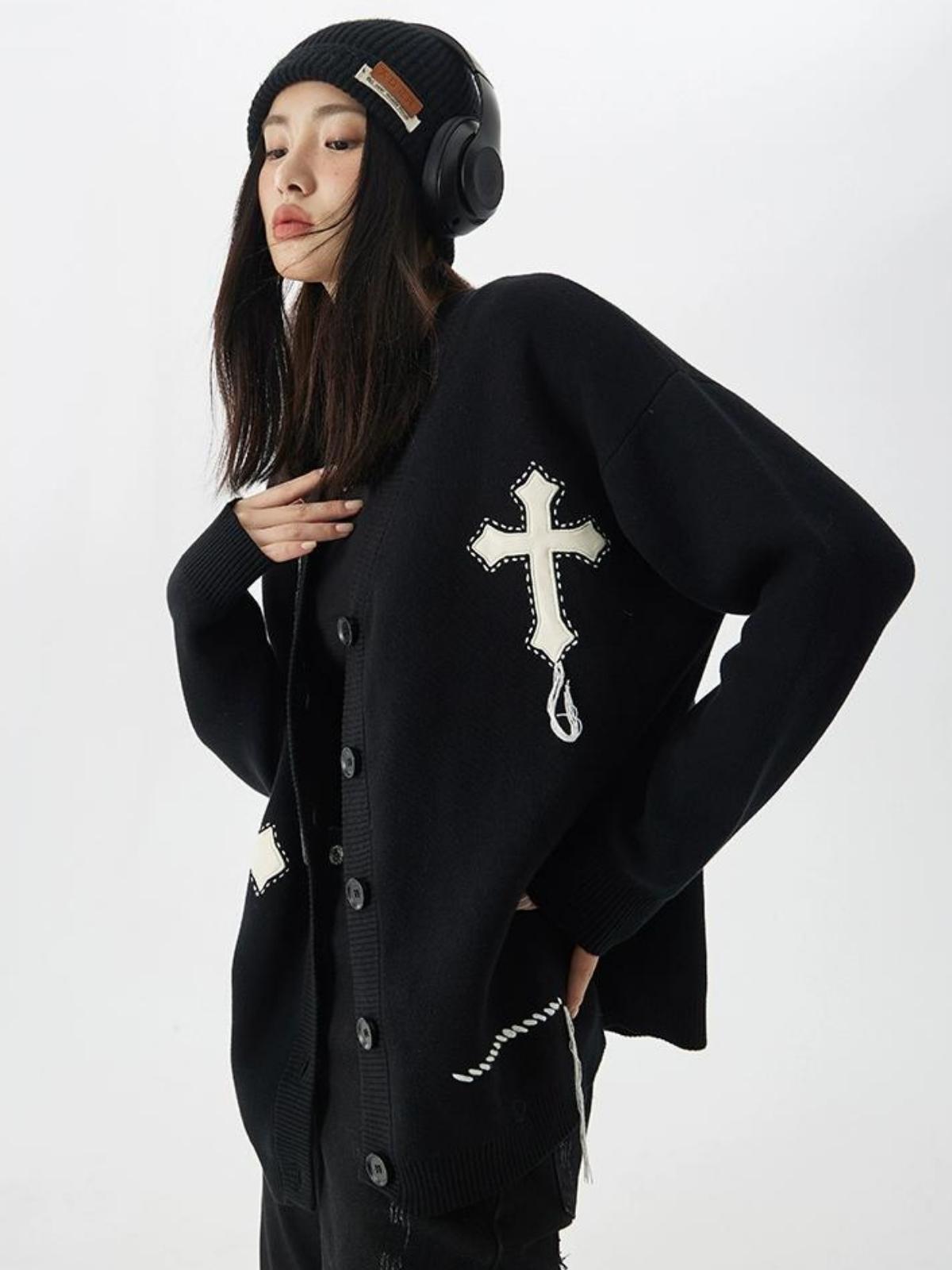 We Love Street Embroidered Cross V-neck Knitted Cardigan
