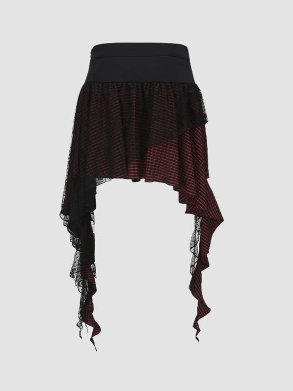 WLS Irregular Lace Splicing Short Plaid Skirt