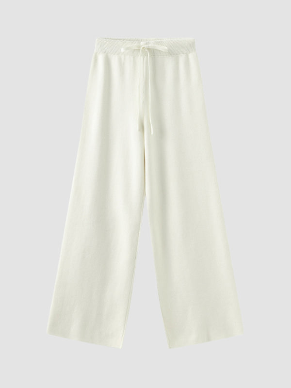 WLS White Knitted Drawstring Straight Drape Pants