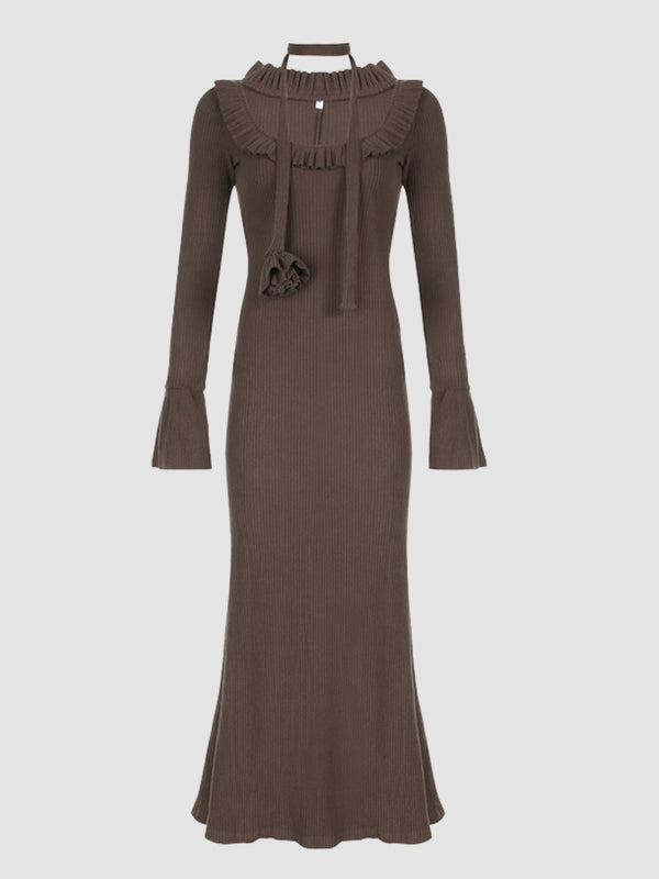 WLS Retro Lotus Leaf Collar Woolen Long Dress