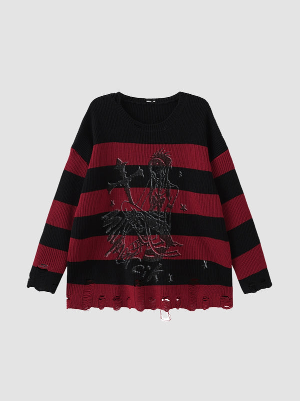 WLS Knitted Striped Holes Loose Sweater Top
