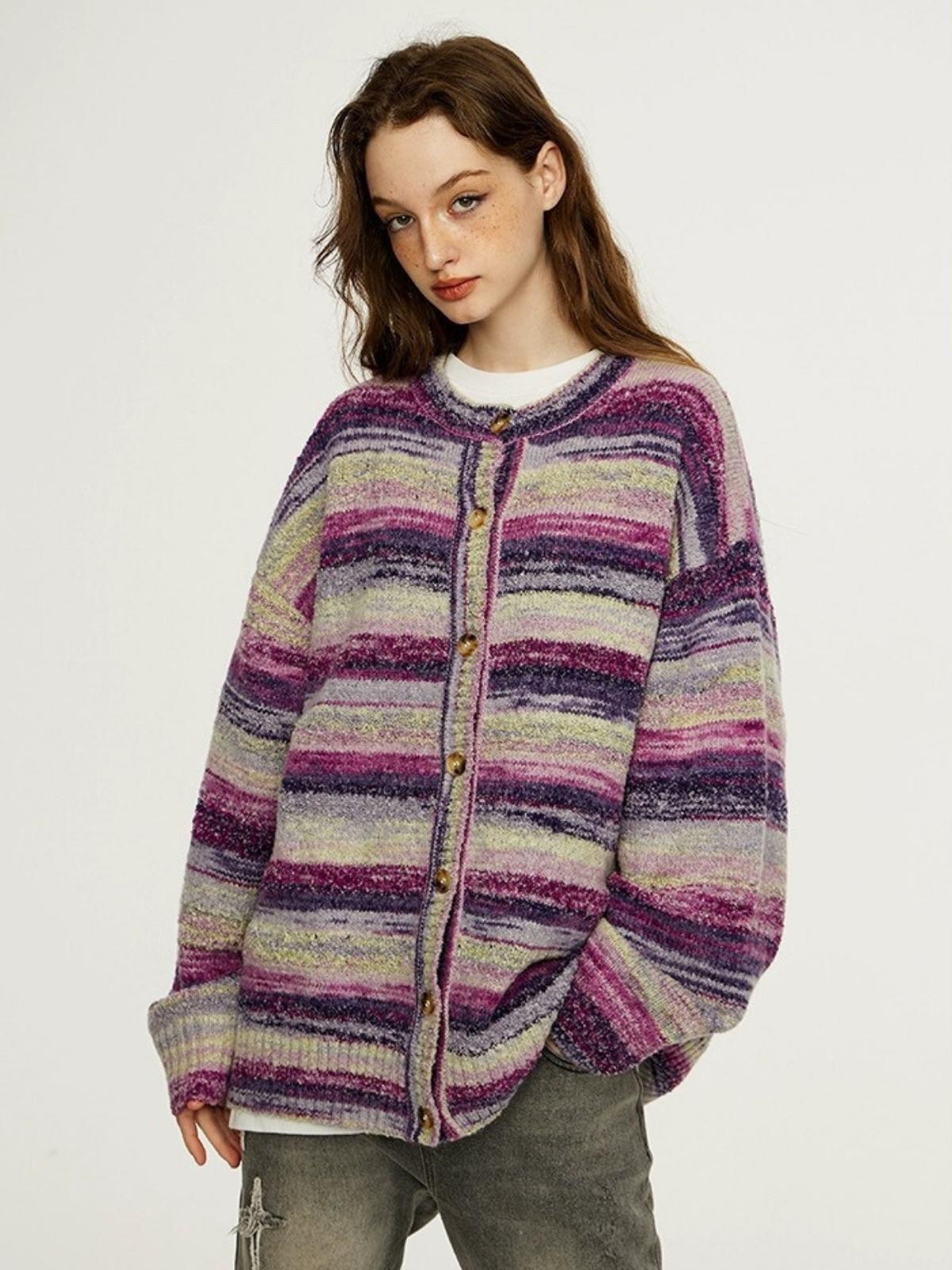 We Love Street Colorful Gradient Striped Cardigan Retro Knitted