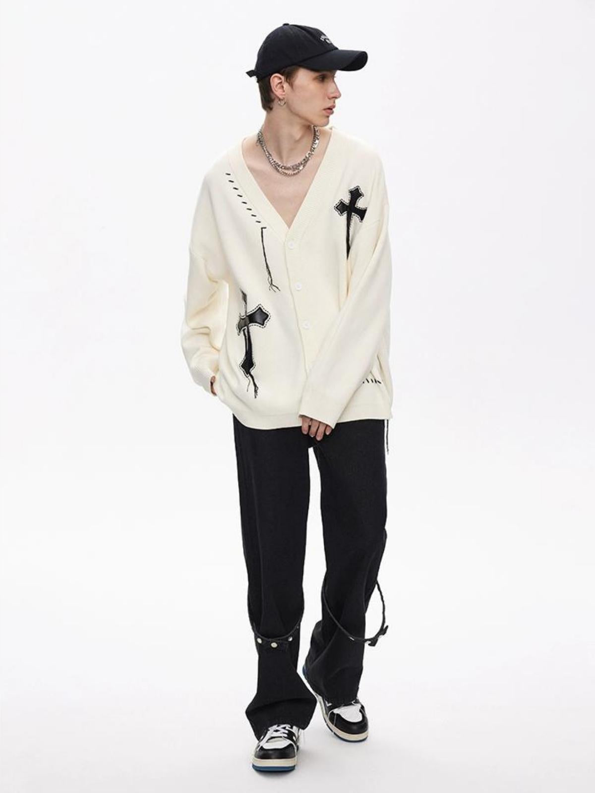We Love Street Embroidered Cross V-neck Knitted Cardigan