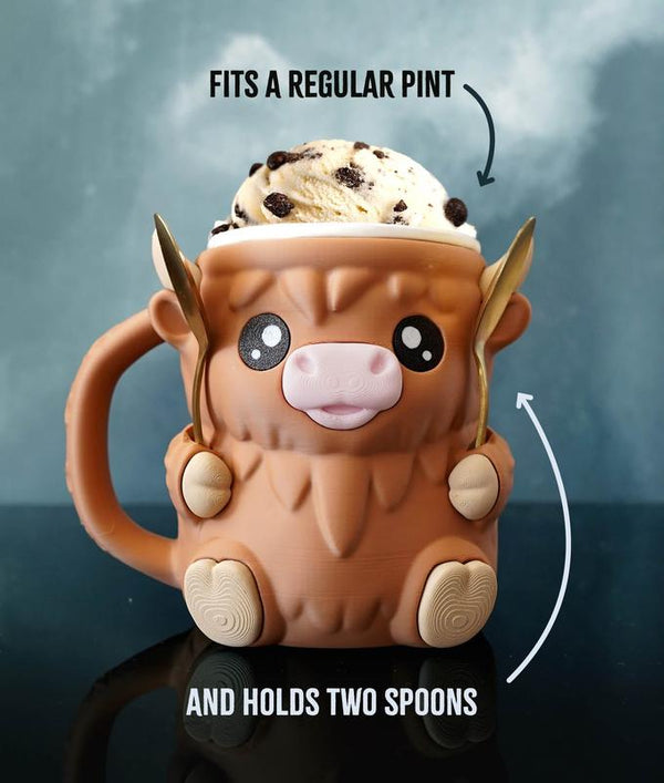 MooMates™ Highland Cow Ice Cream Pint Holder – 3D Printed Cute Cup Sleeve