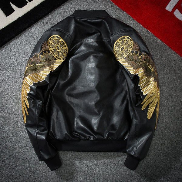 WLS Embroidered Golden Wings Leather Jacket
