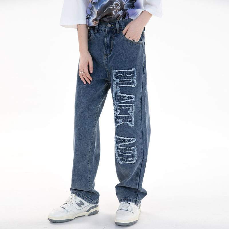 WLS Solid Color Embroidered Letter Digital Jeans
