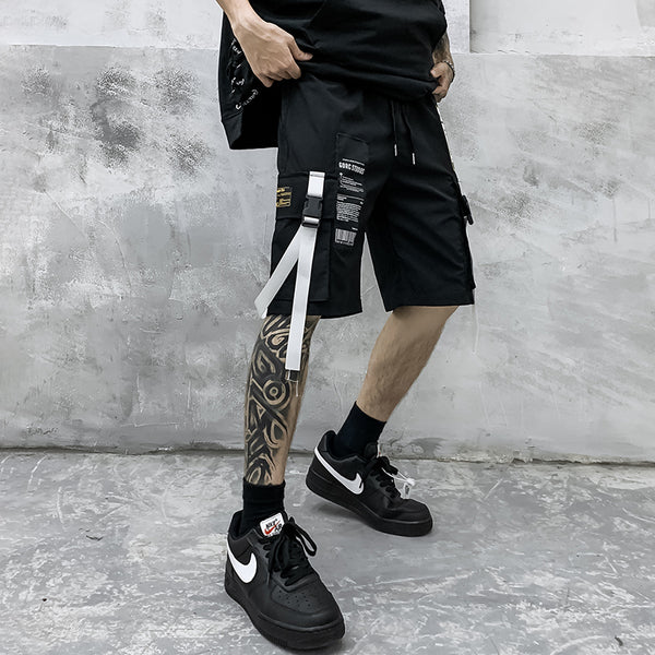 WLS Black Label Style Long Streamer Shell Buckle Patchwork Design Shorts Pants