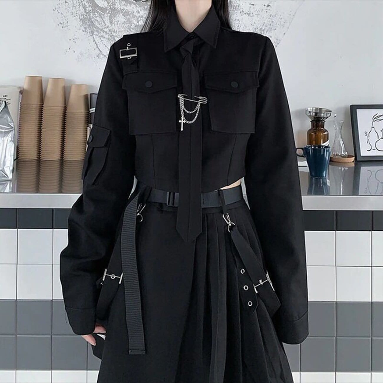 WLS Dark Gothic Exposed Waist Skirt Suit