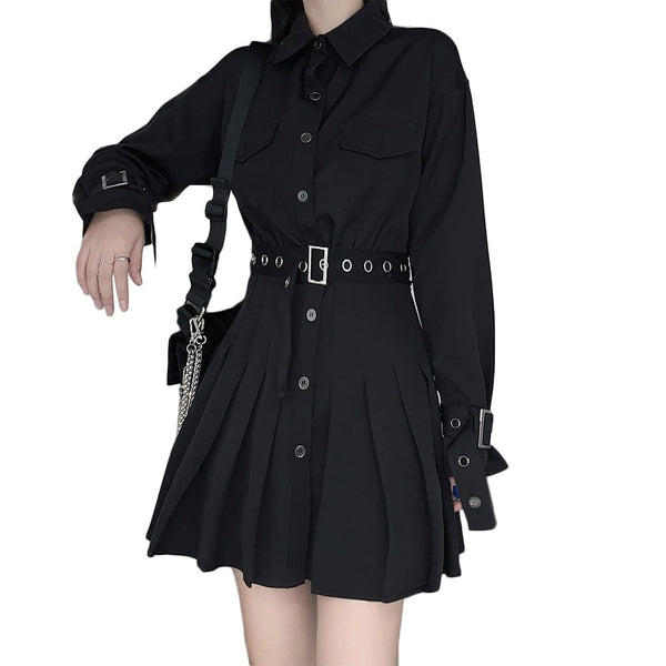 WLS Dark Techwear Personality Belt Pleated Shirt Dress