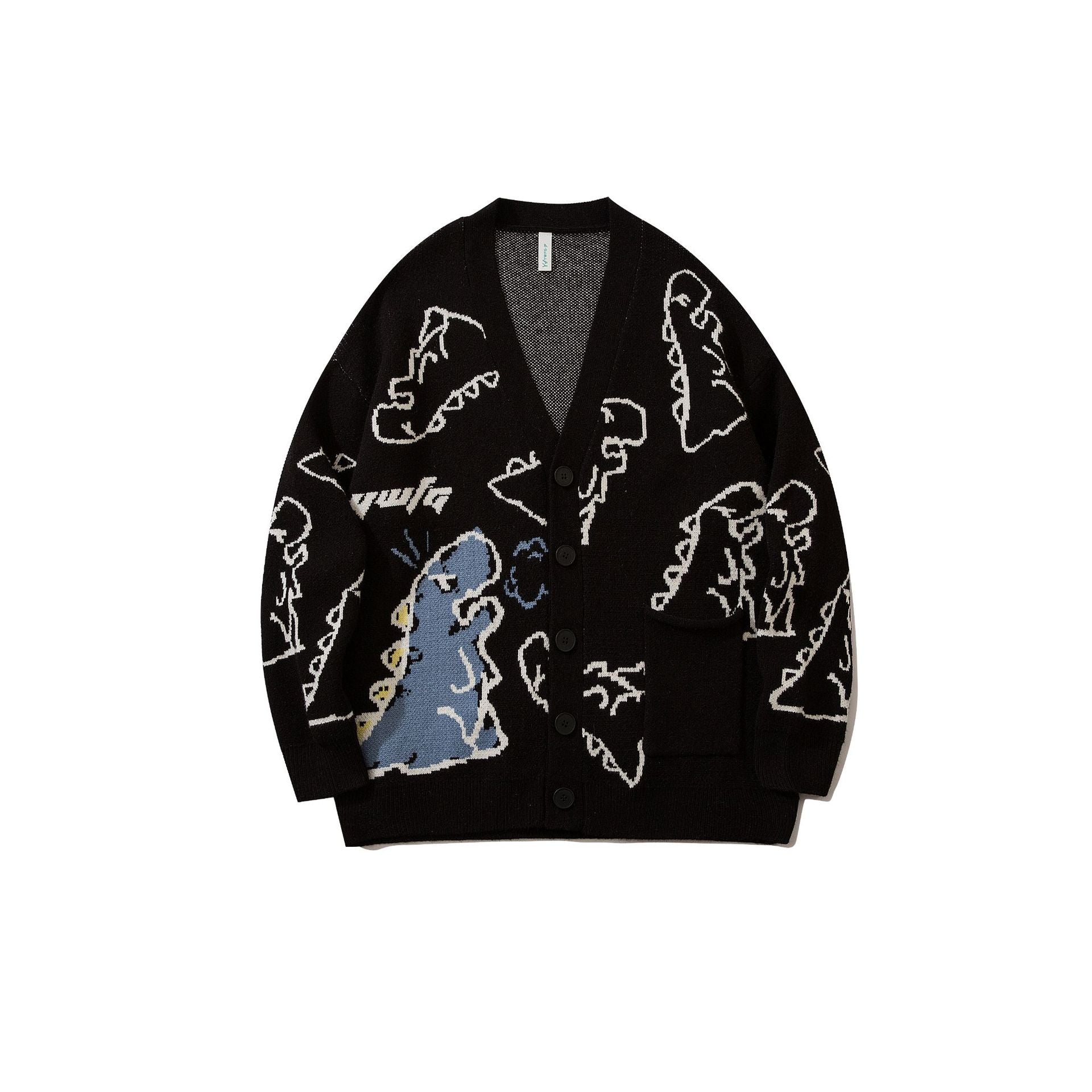 WLS Embroidered Dino Dropped Shoulder Cardigan Sweater