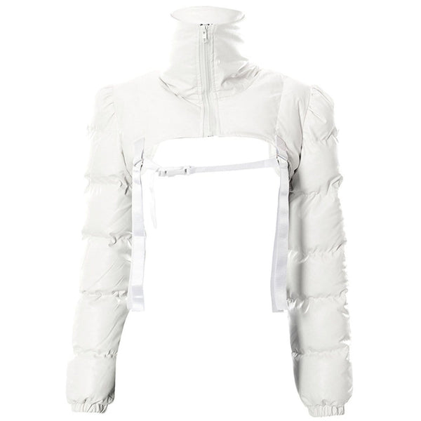 WLS Techwear Solid Ribbons Turtleneck Cropped Winter Coat