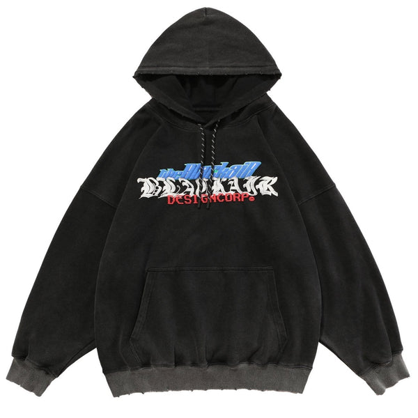 WLS Ripped Spider Embroidery Oversized Washed Hoodie