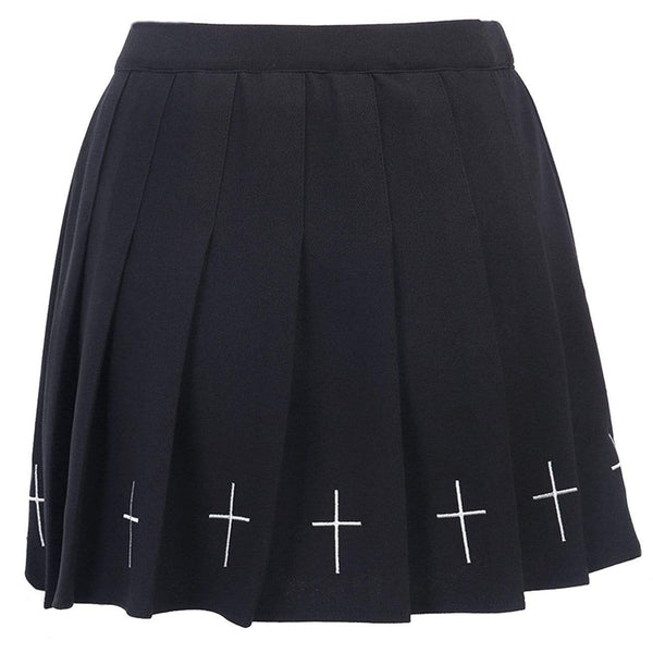 WLS Dark Cross Print High-Waist Pleated Skirt