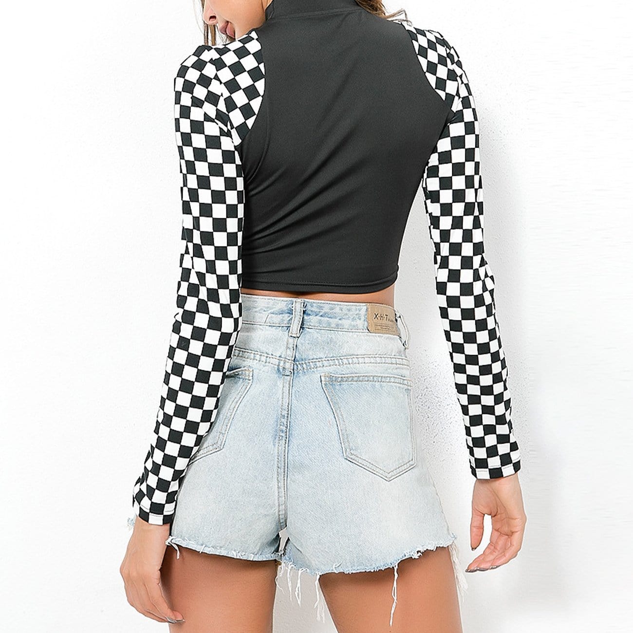 WLS Dark Patchwork Checkerboard Plaid Cropped Long Sleeve Tee