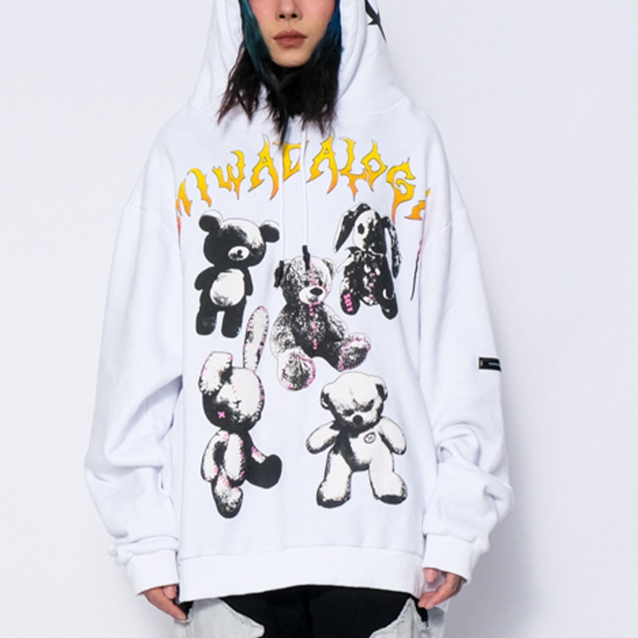 WLS Bear Full Letters Oversized Washed Hoodie