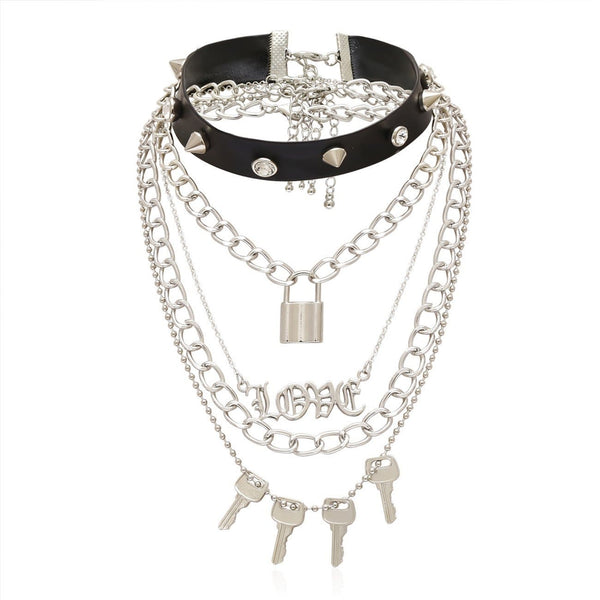 WLS Punk PU Lock Shape Key Multiple Necklace