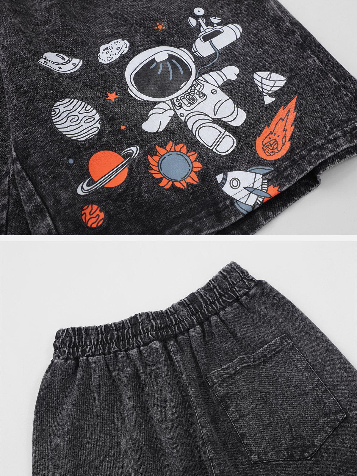 WLS Astronaut Print Washed Denim Shorts