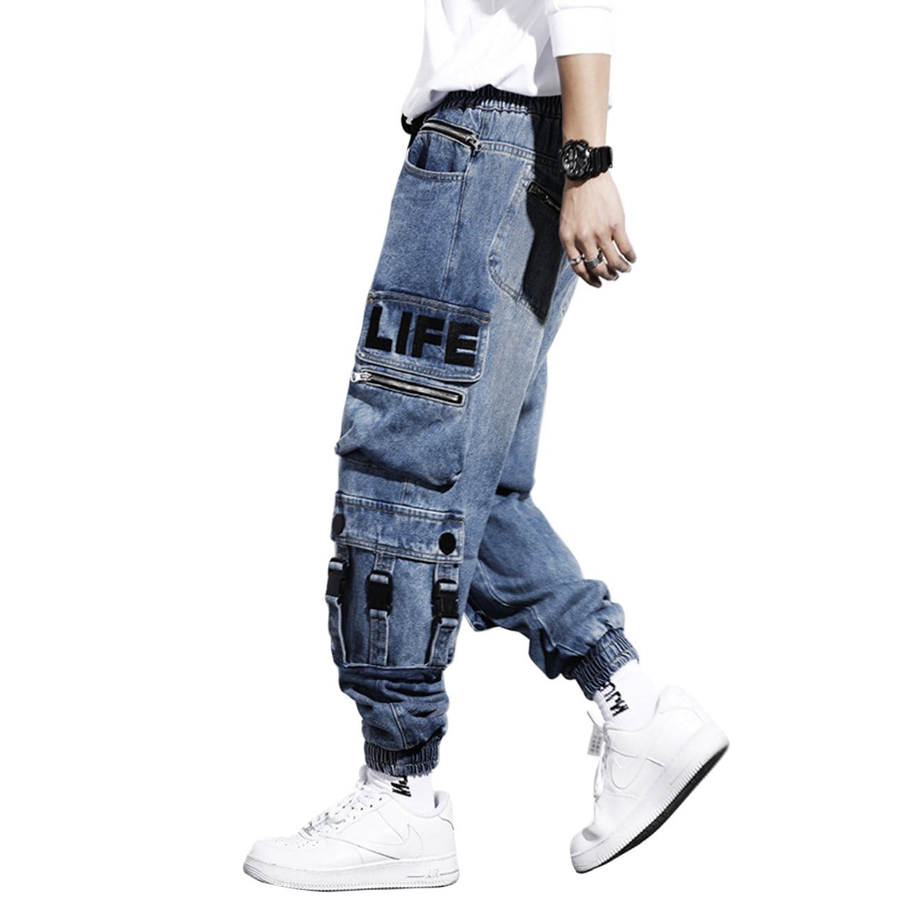 WLS Embroidery Multi Pockets Cargo Jeans