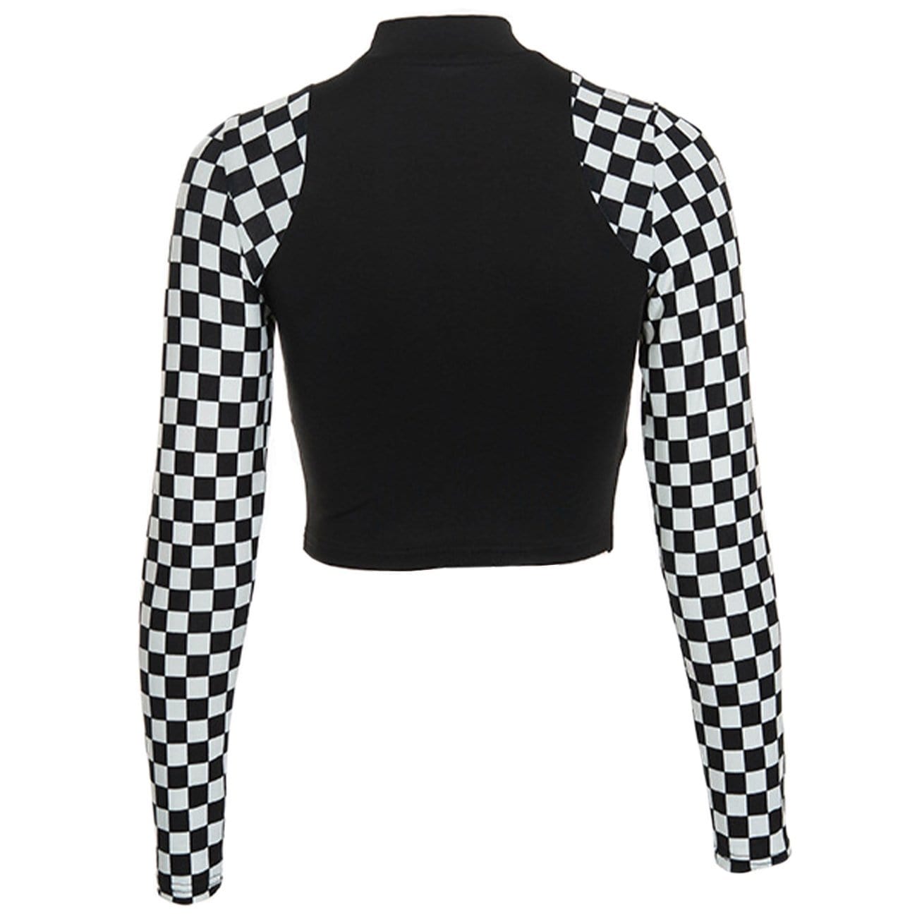 WLS Dark Patchwork Checkerboard Plaid Cropped Long Sleeve Tee