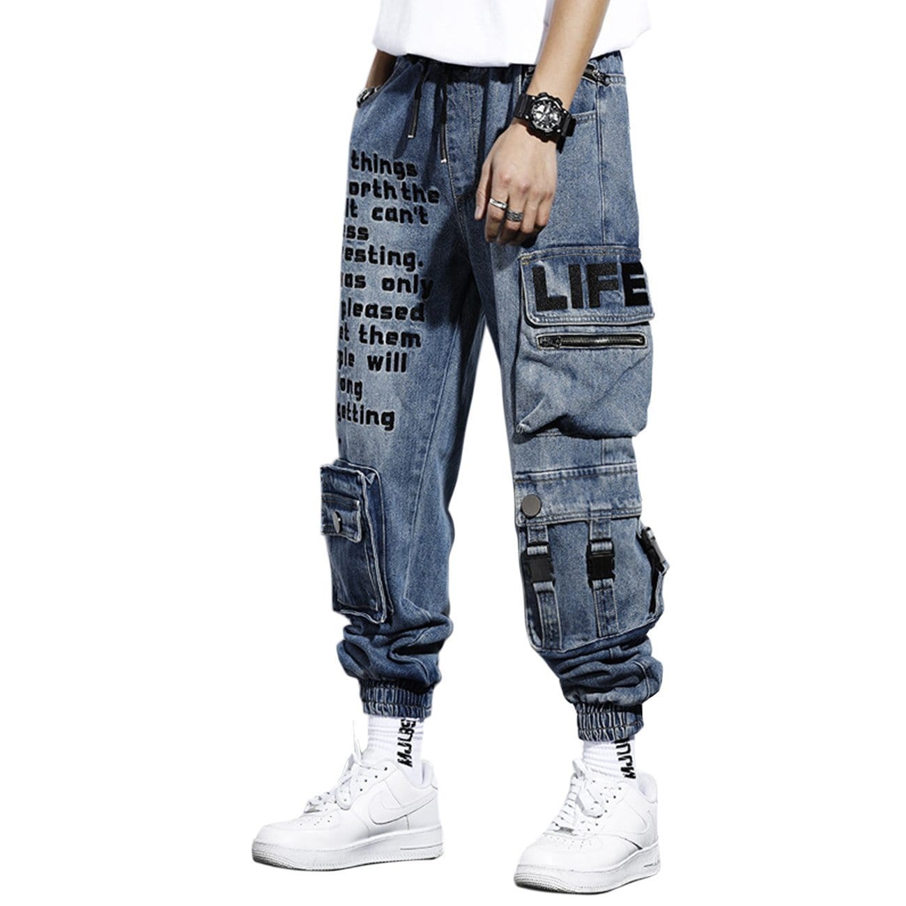 WLS Embroidery Multi Pockets Cargo Jeans