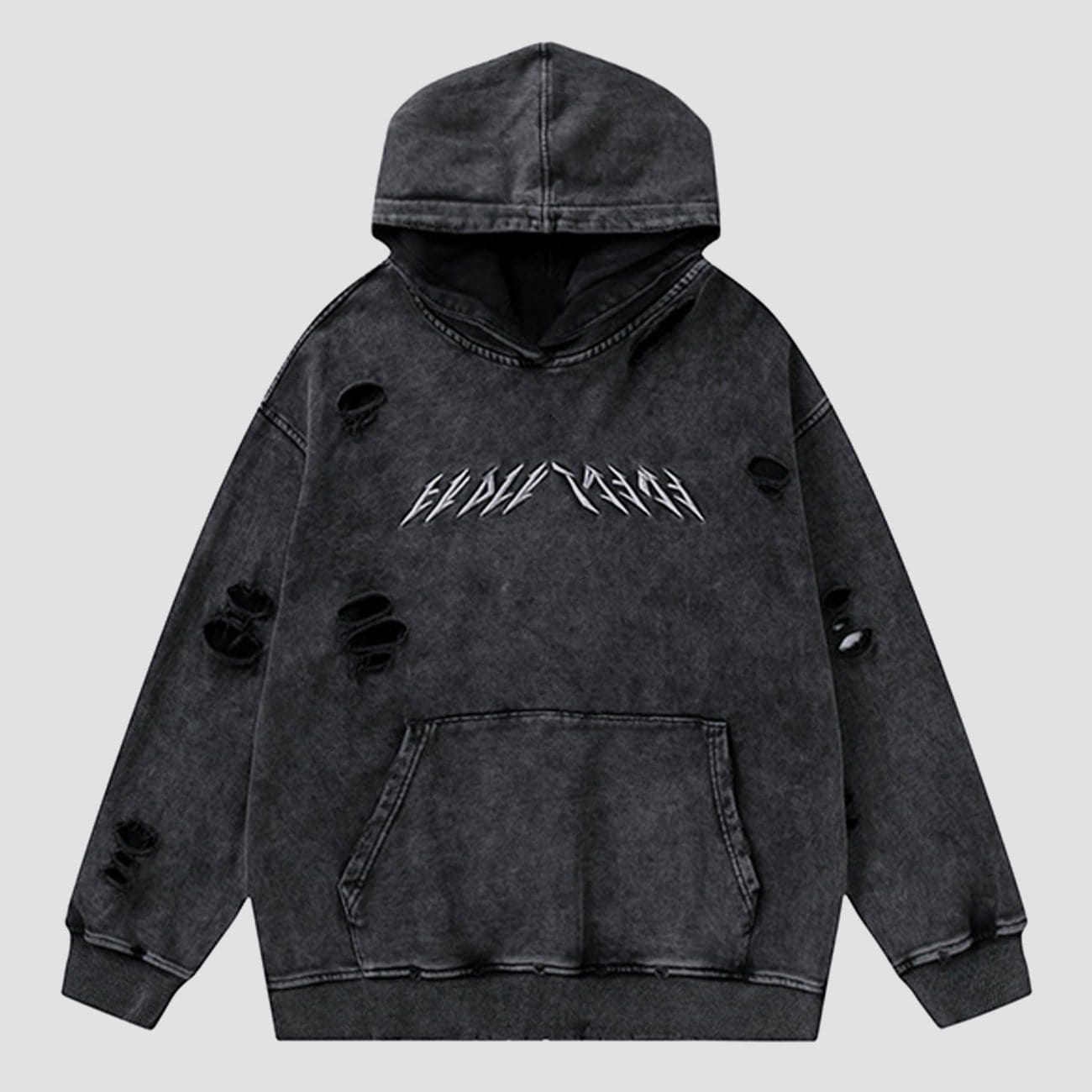 WLS Ripped Hole Letters Embroidery Washed Hoodie
