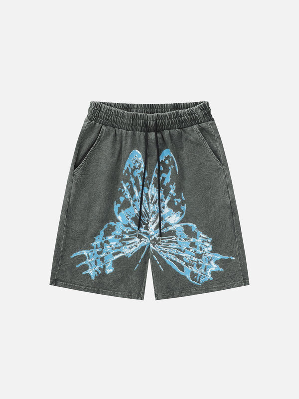 WLS Butterfly Print Washed Denim Shorts