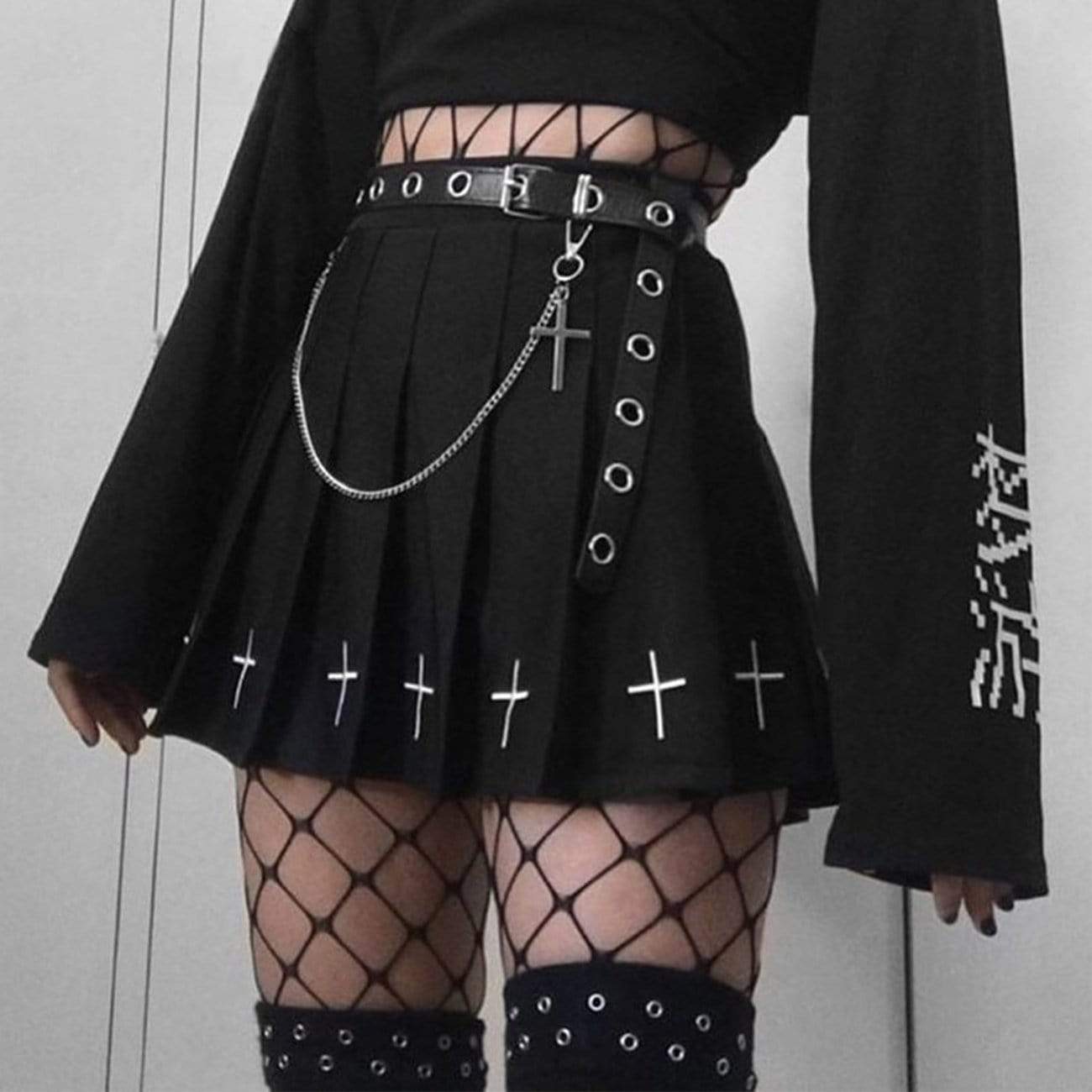 WLS Dark Cross Print High-Waist Pleated Skirt
