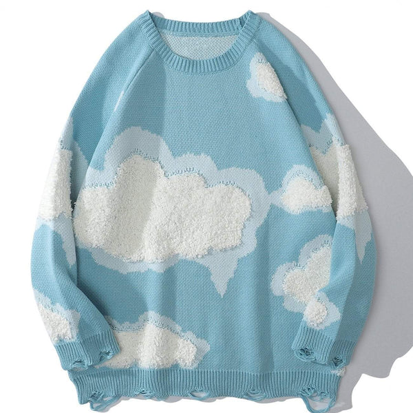 WLS Embroidered Clouds Rounded Collar Ripped Sweater