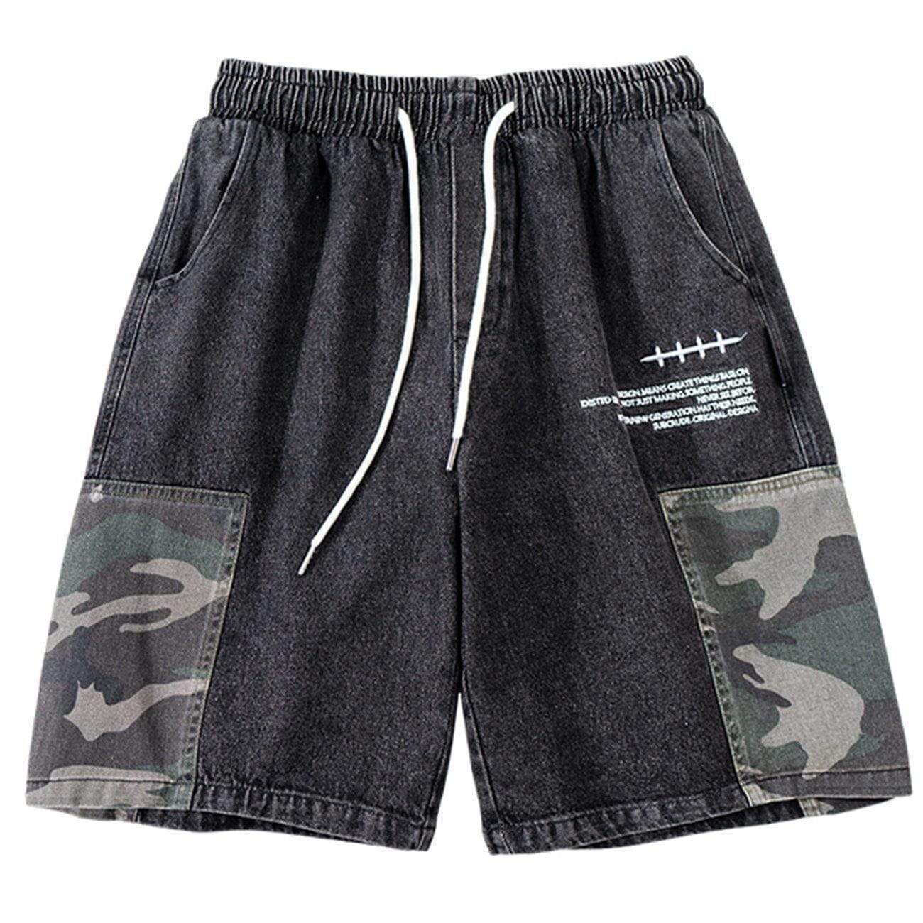WLS Stitching Drawstring Loose Denim Shorts