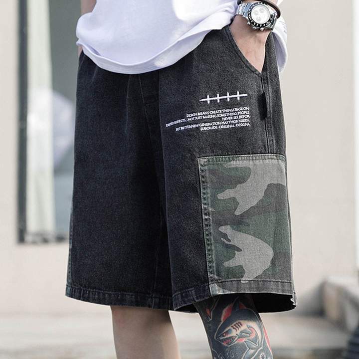 WLS Stitching Drawstring Loose Denim Shorts