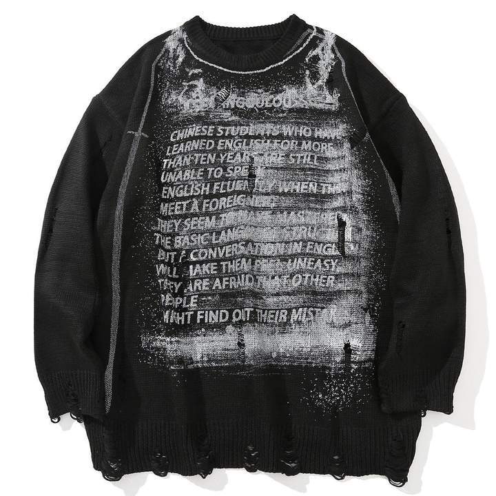 WLS Letter Full Printed Ripped Retro Sweater