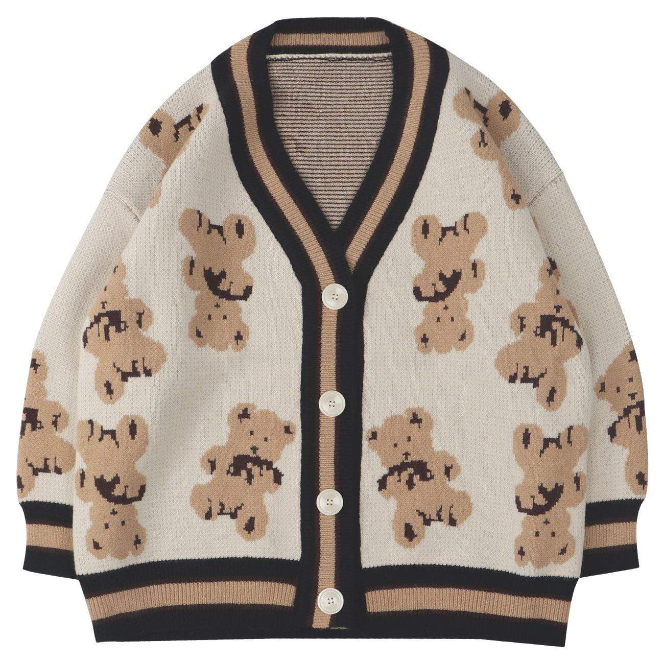 WLS Embroidered Teddy Bear V-Collar Buttons Closure Cardigan Sweater