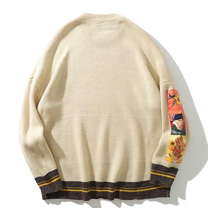 WLS Embroidered Patches Van Gogh Design Round Collar Sweater