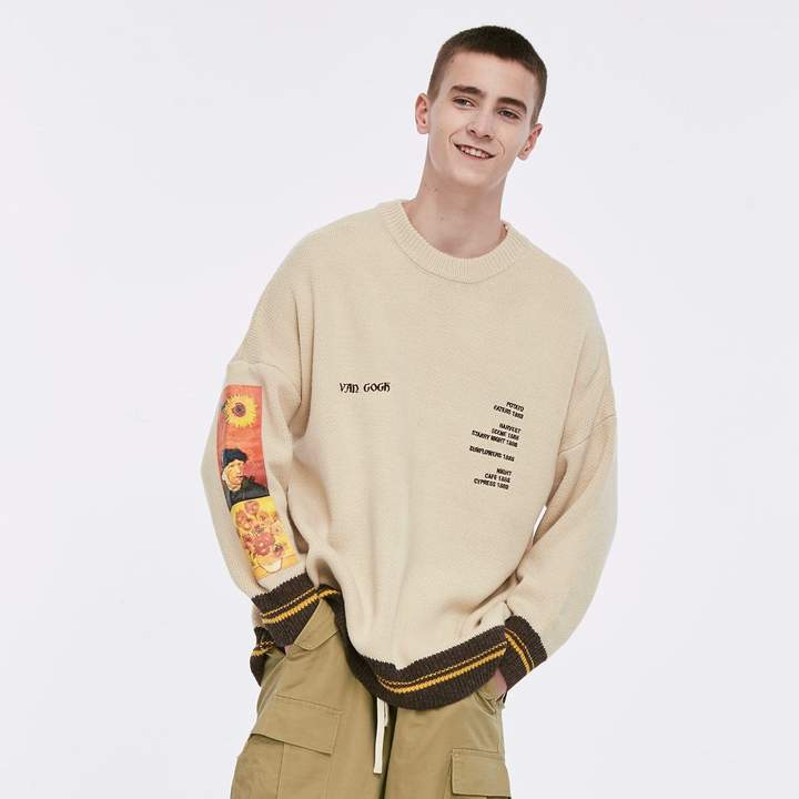 WLS Embroidered Patches Van Gogh Design Round Collar Sweater