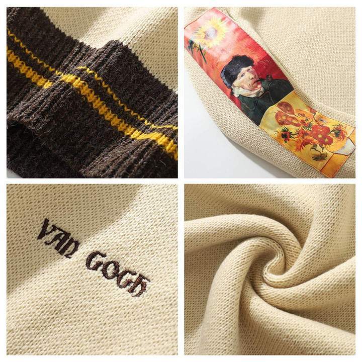 WLS Embroidered Patches Van Gogh Design Round Collar Sweater
