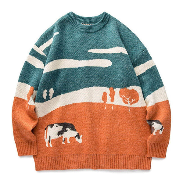 WLS Embroidered Vintage Cow Rounded Collar Sweater