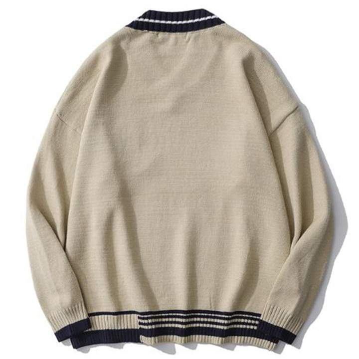 WLS Vintage V Neck Bear Embroidery Sweater
