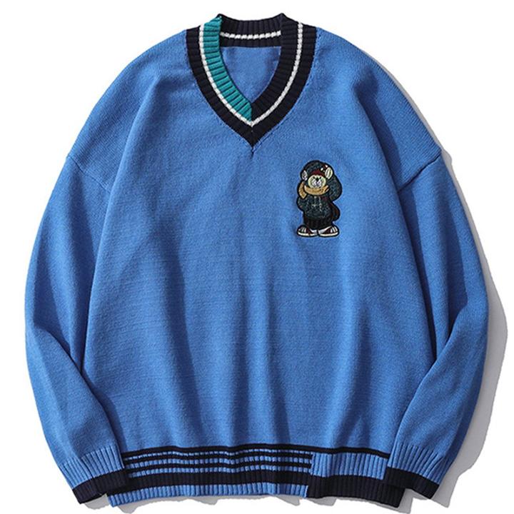 WLS Vintage V Neck Bear Embroidery Sweater