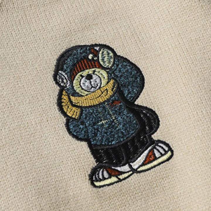 WLS Vintage V Neck Bear Embroidery Sweater